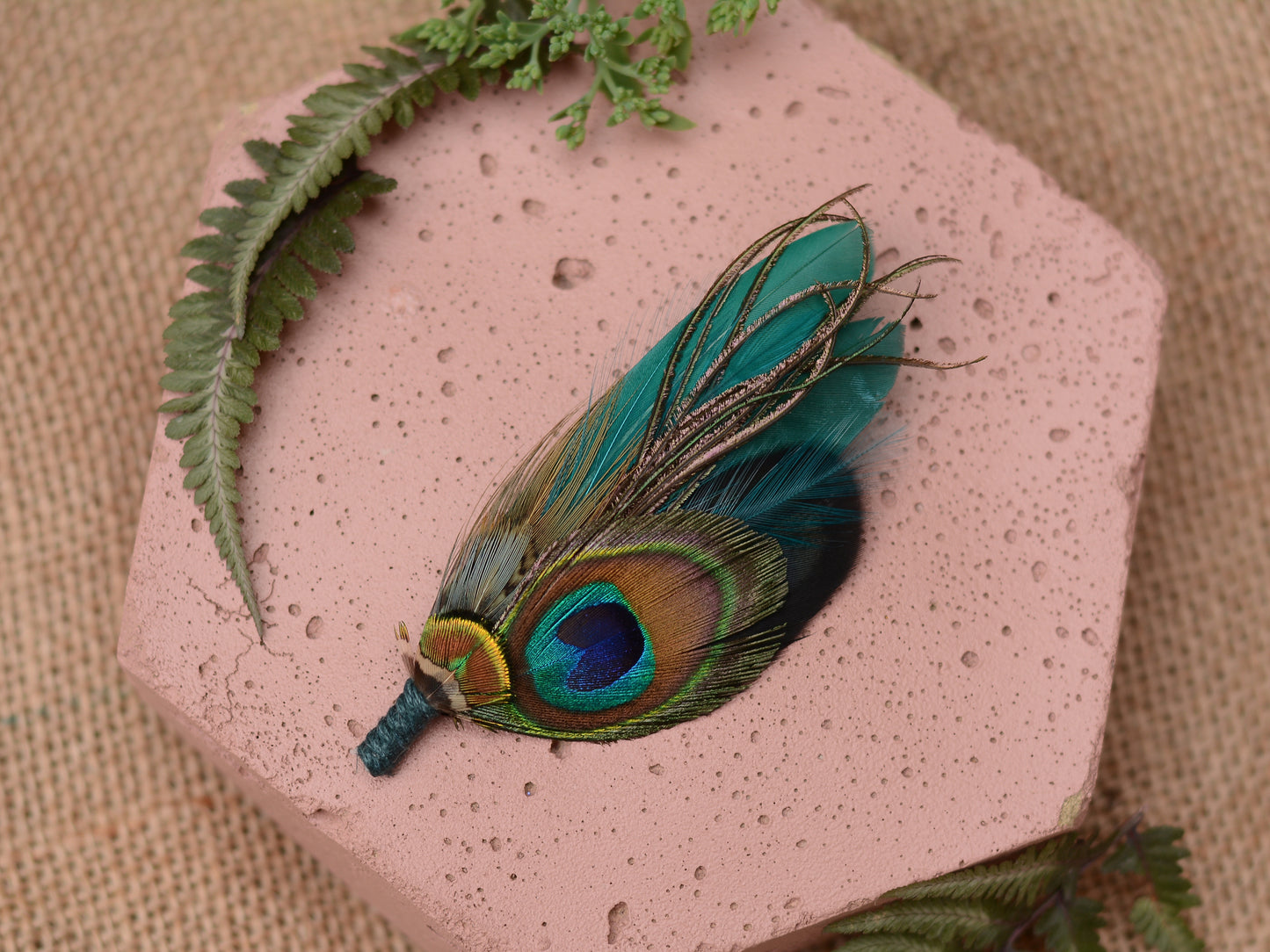 Teal and Green Peacock and Pheasant Feather Lapel Pin No.068