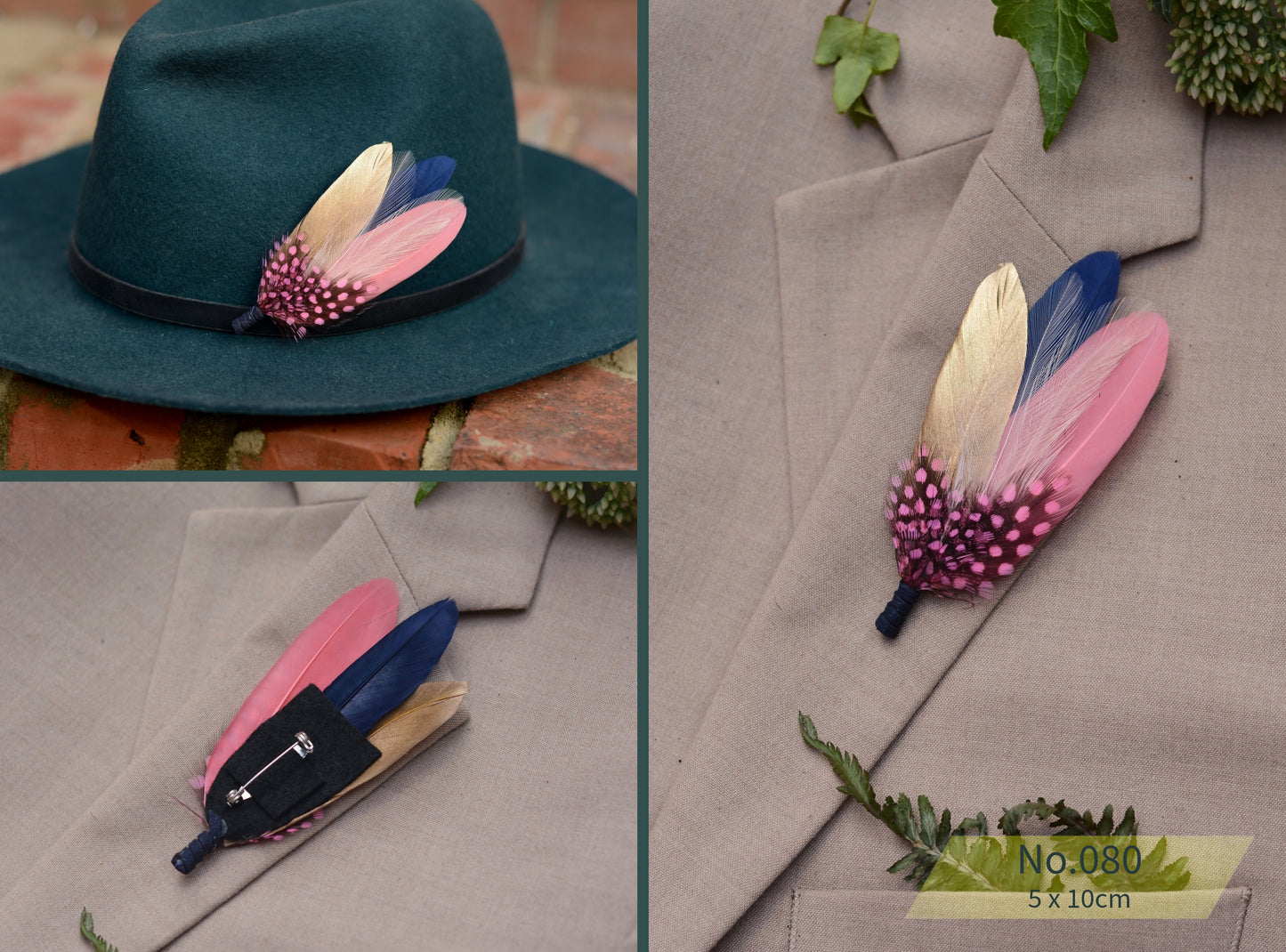 Pink and Navy Blue Feather Lapel Pins / Hat Pins