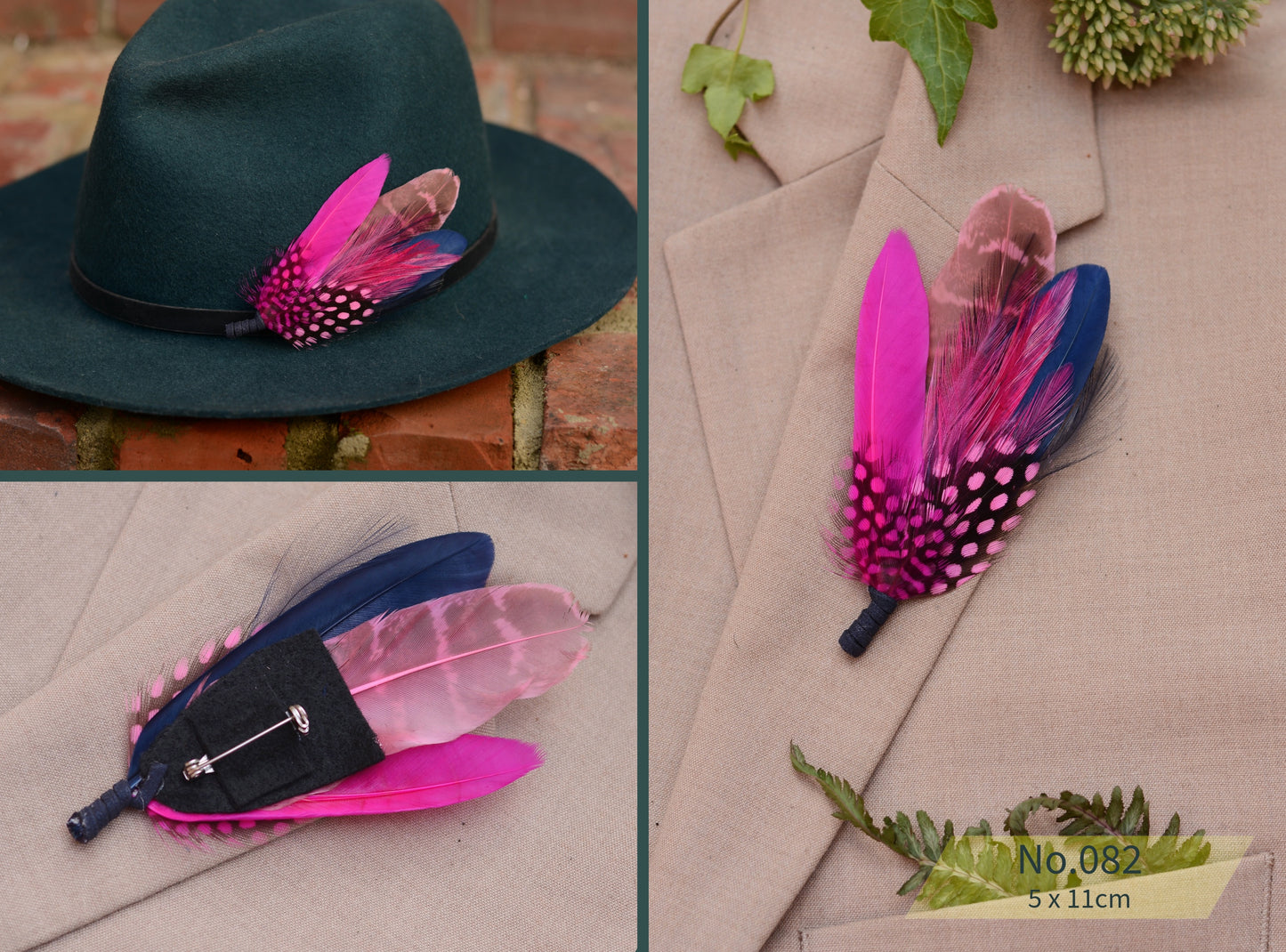 Pink and Navy Blue Feather Lapel Pins / Hat Pins
