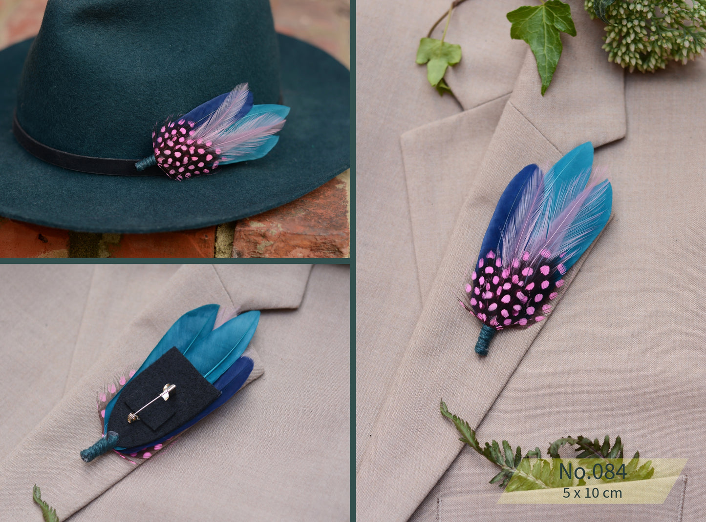 Pink and Navy Blue Feather Lapel Pins / Hat Pins