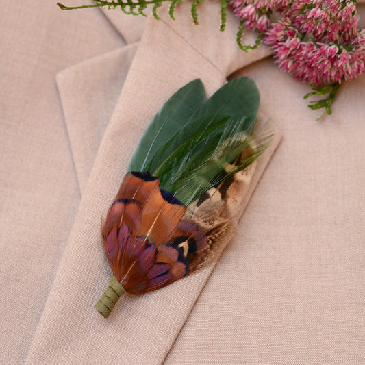Green and Copper Pheasant Feather Lapel Pin No.85