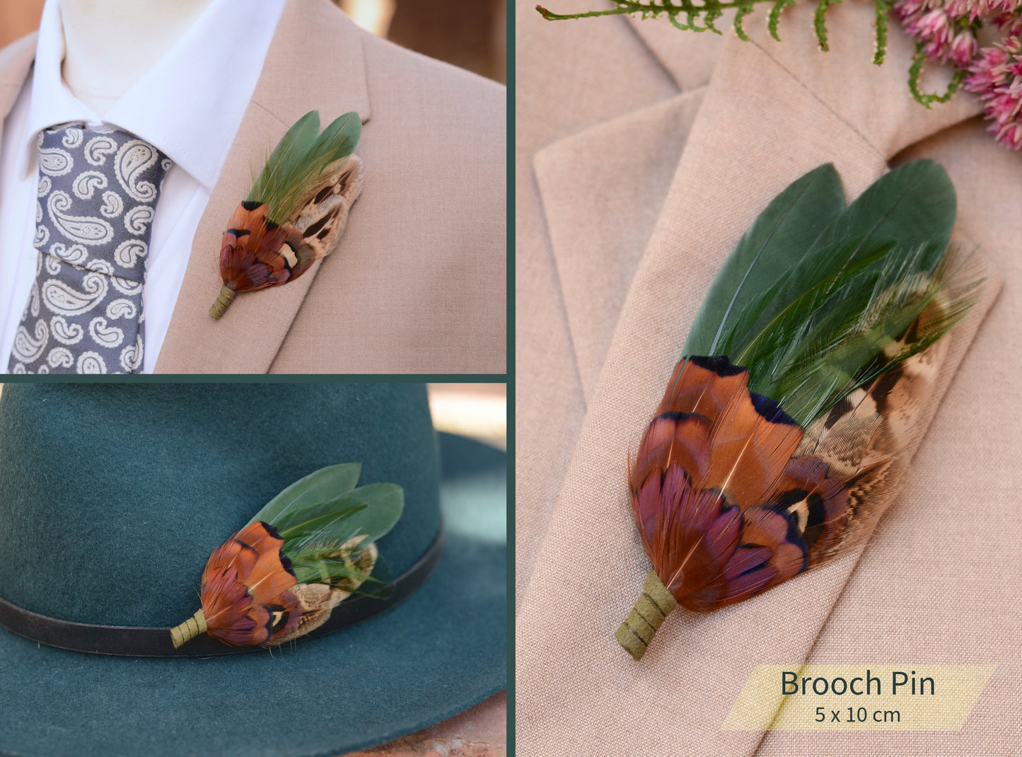 Small Green and Copper Pheasant Feather Hair Clip No.085