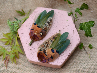 Small Green and Copper Pheasant Feather Hair Clip No.085