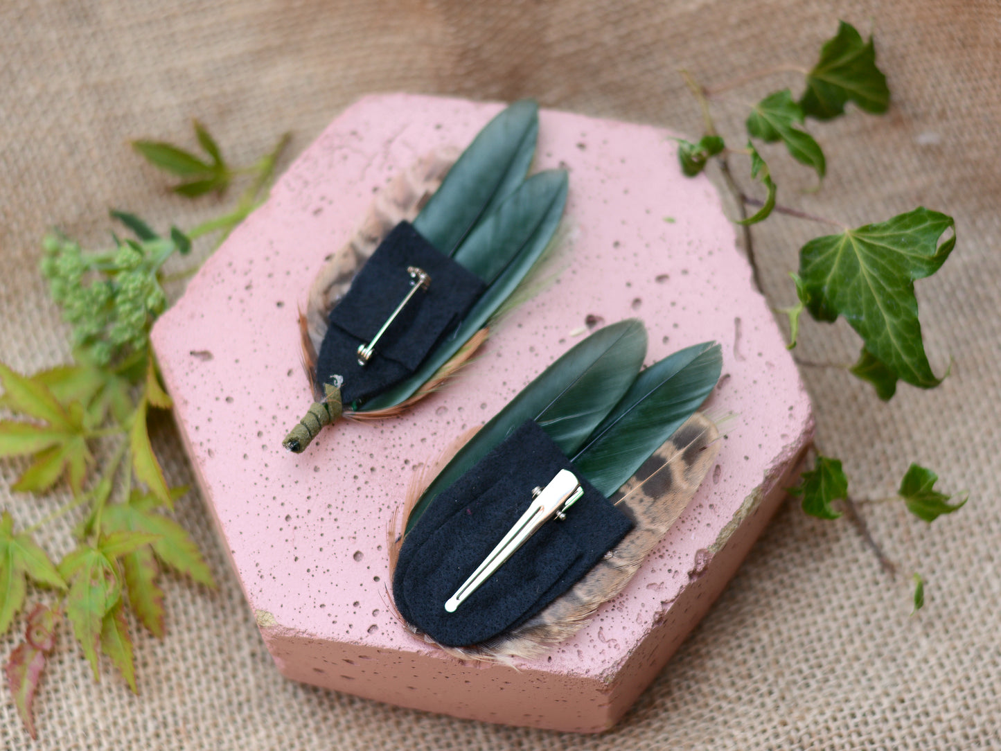 Small Green and Copper Pheasant Feather Hair Clip No.085