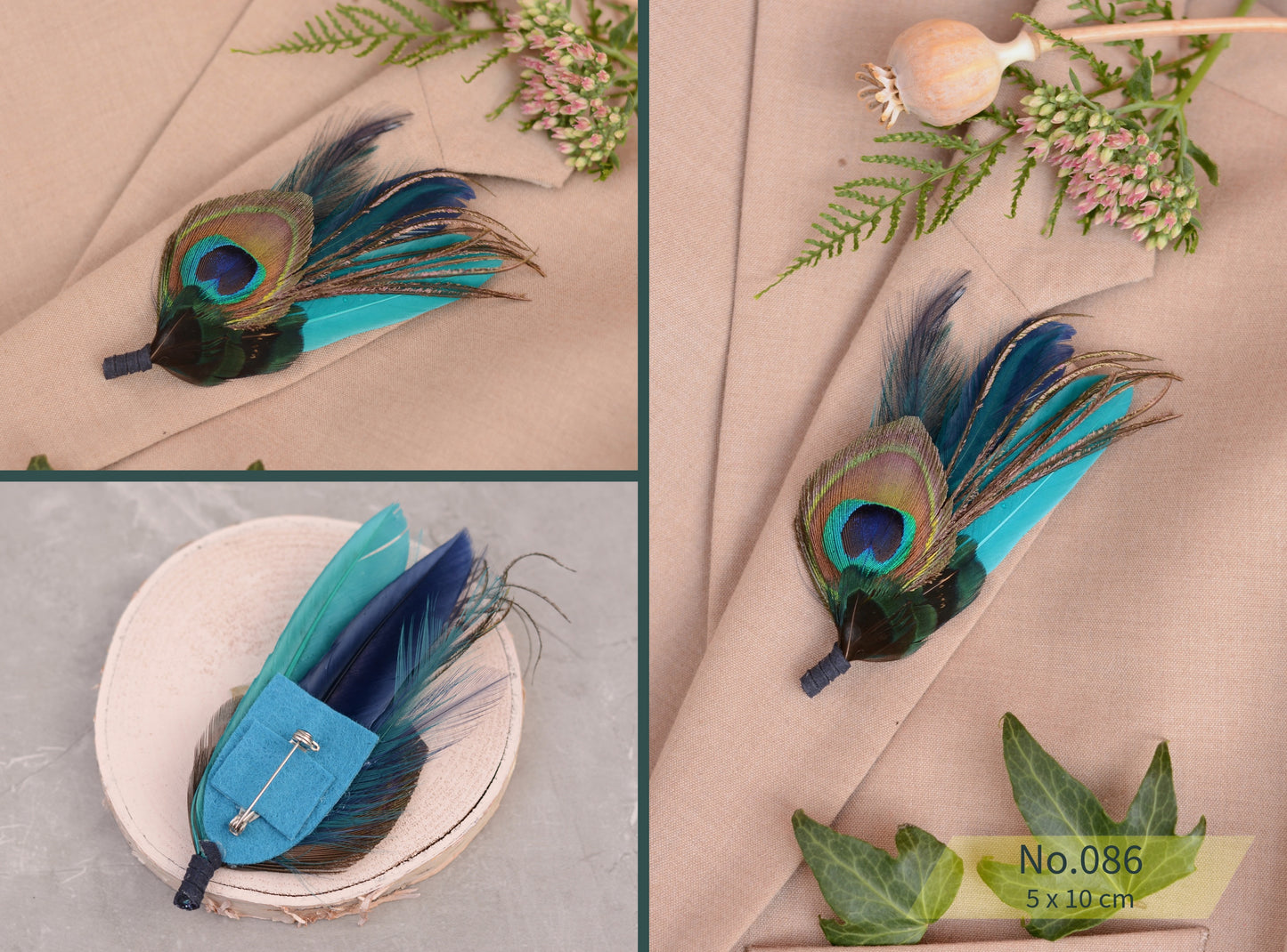 Peacock Feather Boutonniere in Teal, Navy and Burgundy