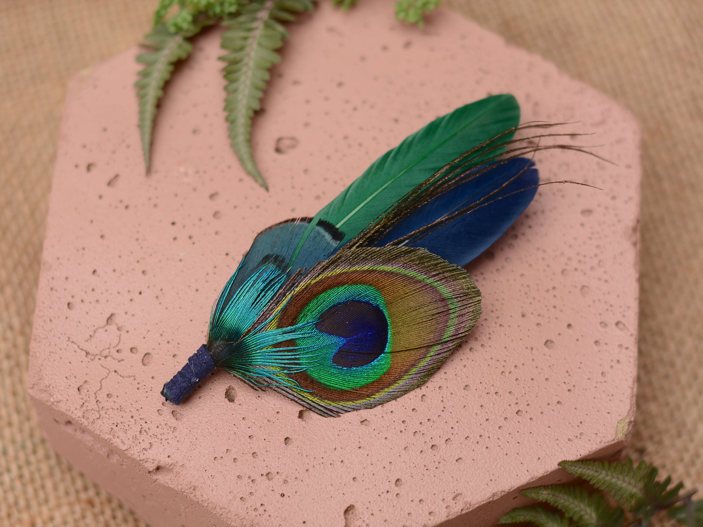 Green and Navy Peacock and Pheasant Feather Boutonniere No.093