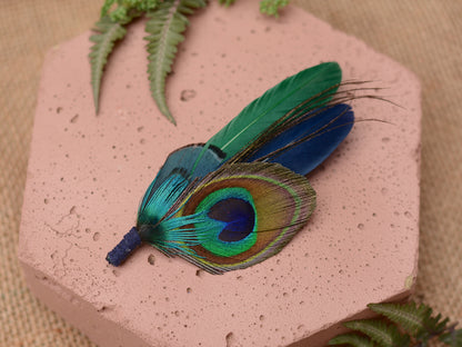 Green and Navy Peacock and Pheasant Feather Boutonniere No.093