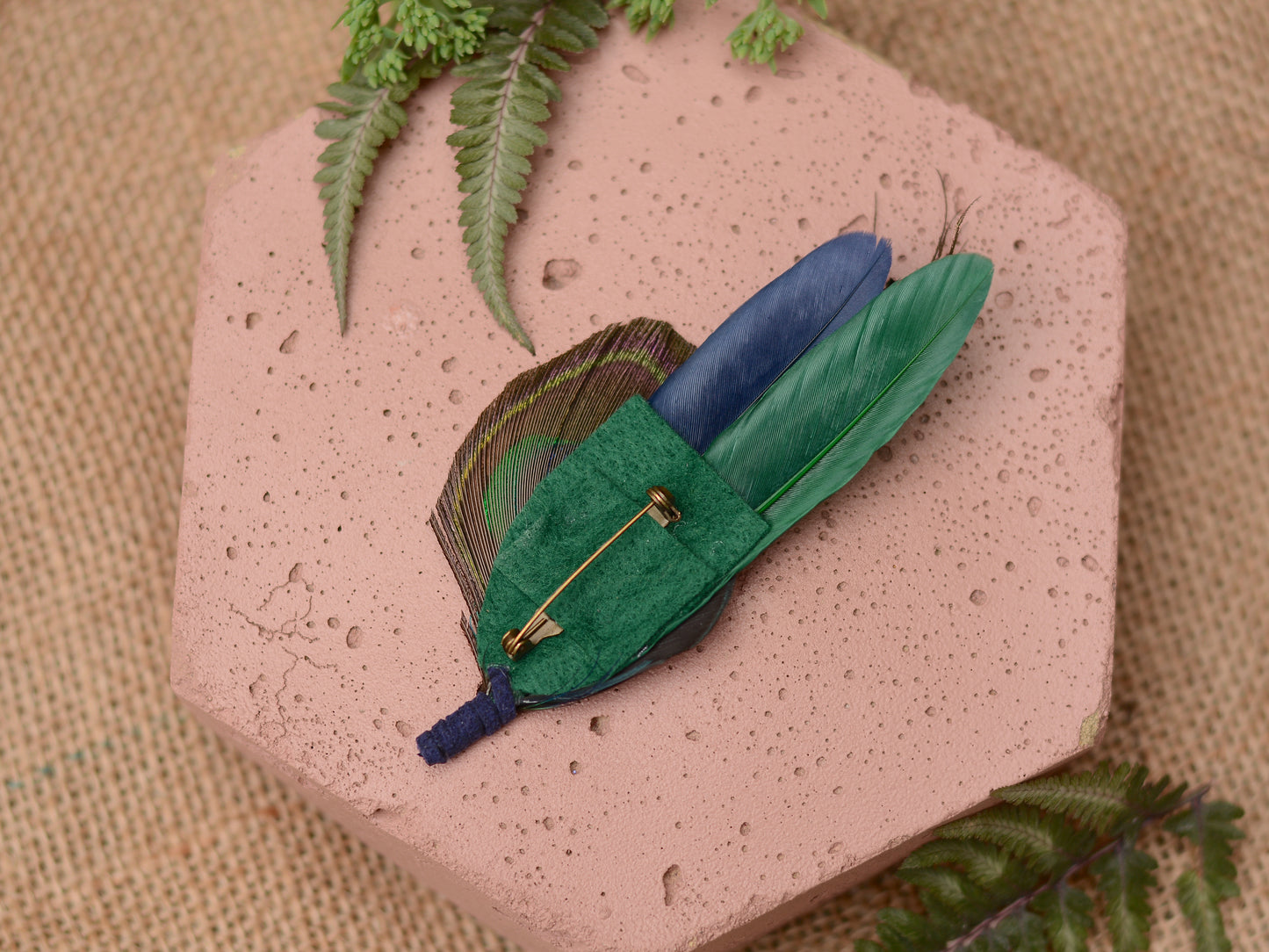 Green and Navy Peacock and Pheasant Feather Boutonniere No.093