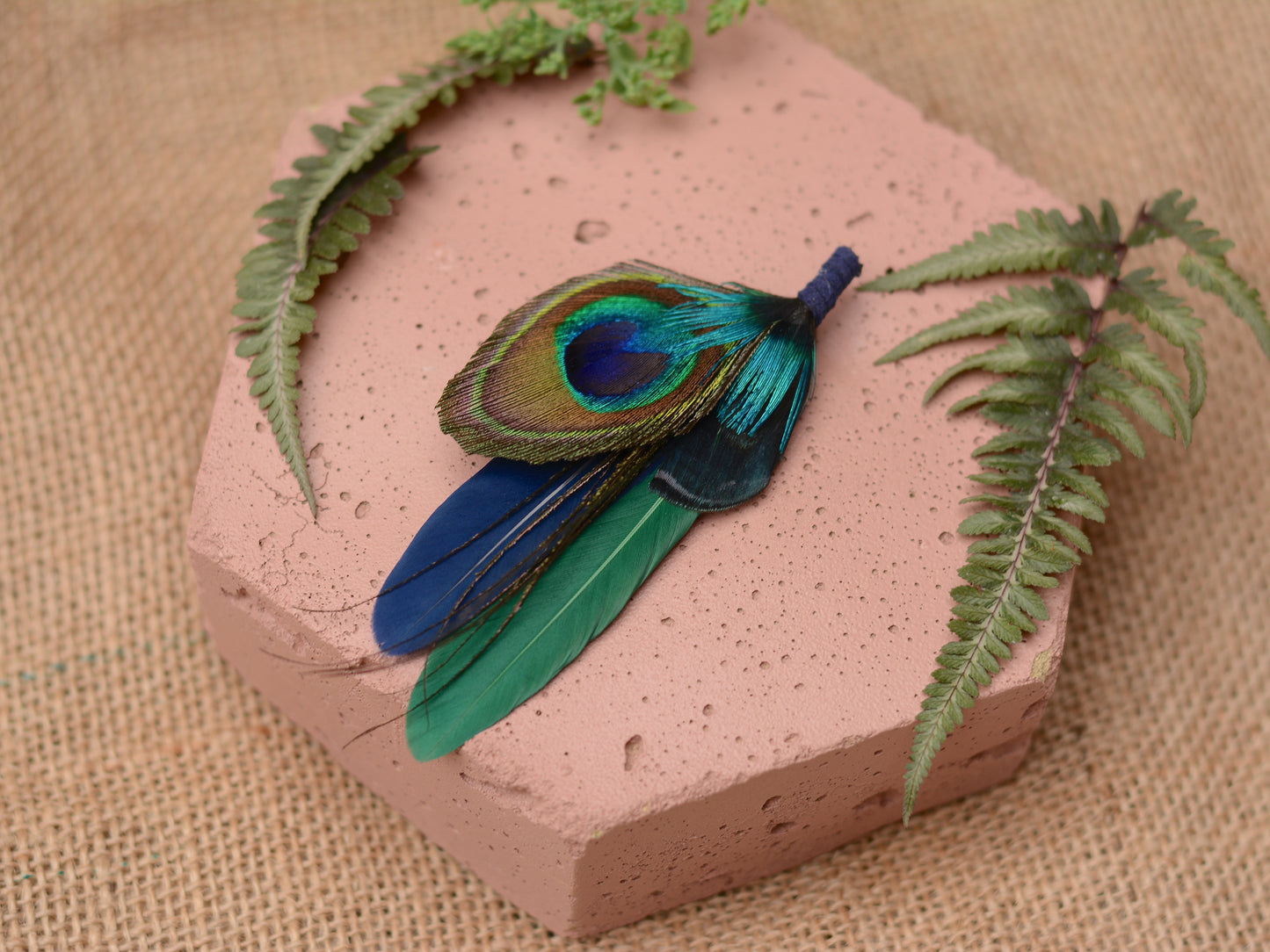Green and Navy Peacock and Pheasant Feather Boutonniere No.093