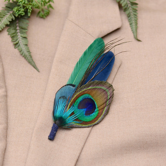 Green and Navy Peacock and Pheasant Feather Boutonniere No.093
