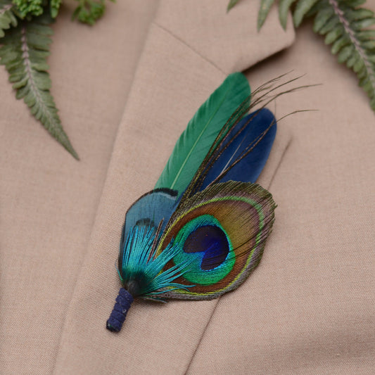 Green and Navy Peacock and Pheasant Feather Boutonniere No.093