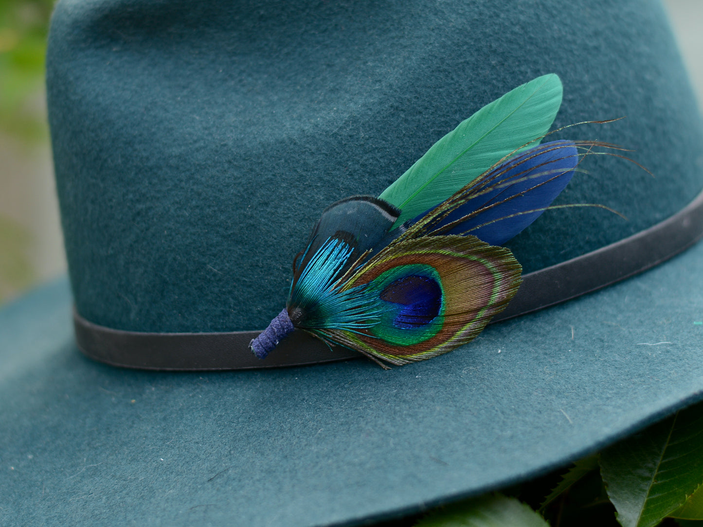 Green and Navy Peacock and Pheasant Feather Boutonniere No.093