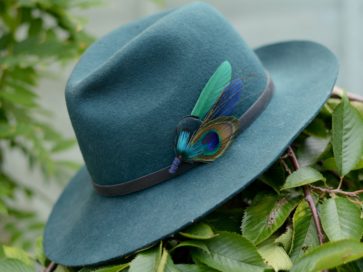 Green and Navy Peacock and Pheasant Feather Boutonniere No.093