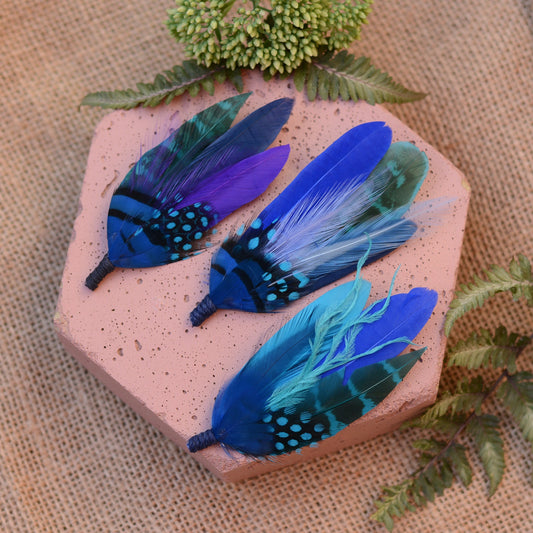 Shades of Blue Feather Boutonnieres / Hat Pins
