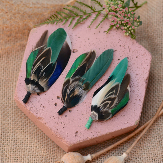 Bottle Green Duck Feather Boutonniere Pins