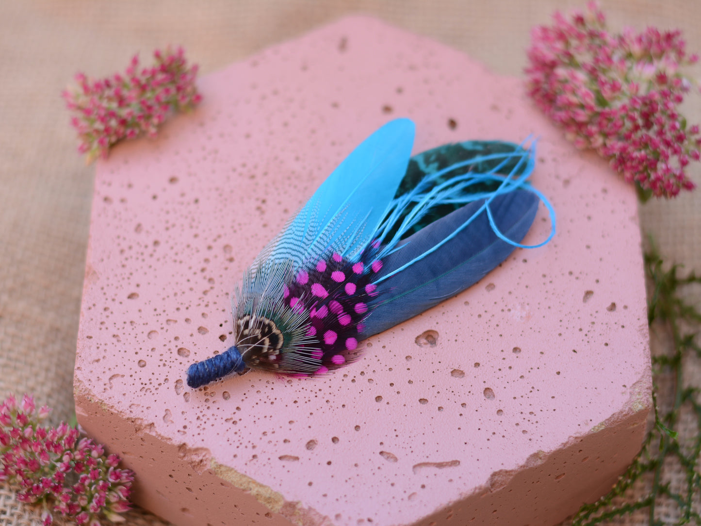 Turquoise Blue and Pink Feather Pin No.103