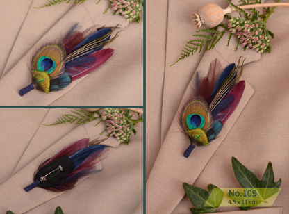 Peacock Feather Boutonniere in Teal, Navy and Burgundy
