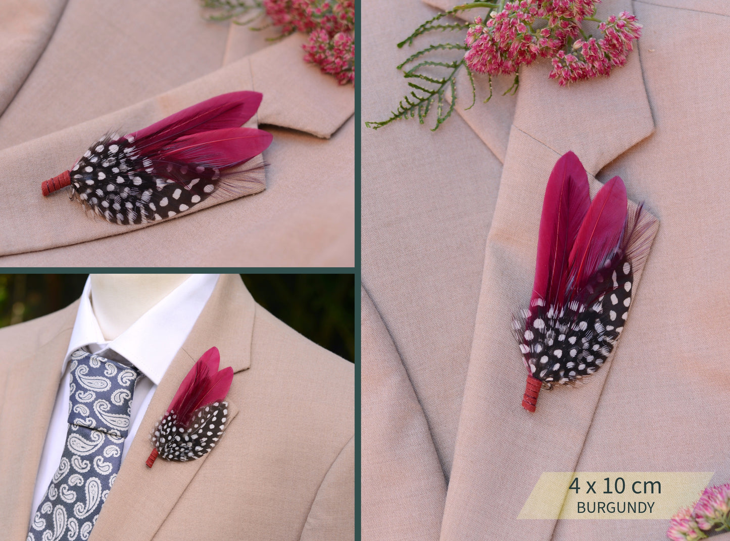 Spotted Feather Boutonniere in Burgundy, Navy Blue, Green or Teal