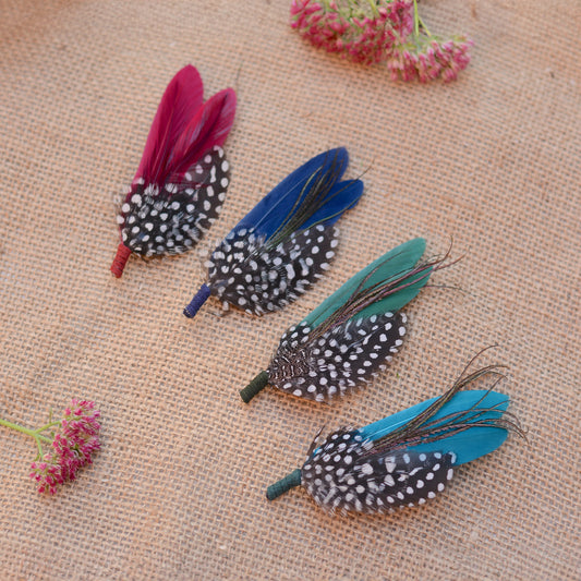 Spotted Feather Boutonniere in Burgundy, Navy Blue, Green or Teal