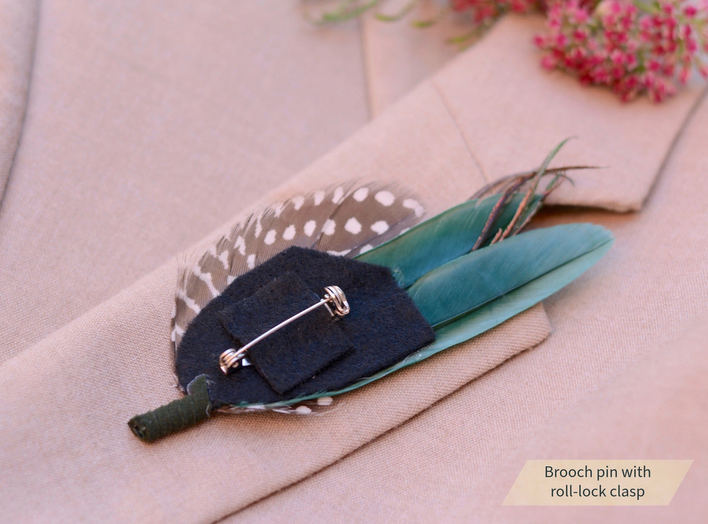 Spotted Feather Boutonniere in Burgundy, Navy Blue, Green or Teal