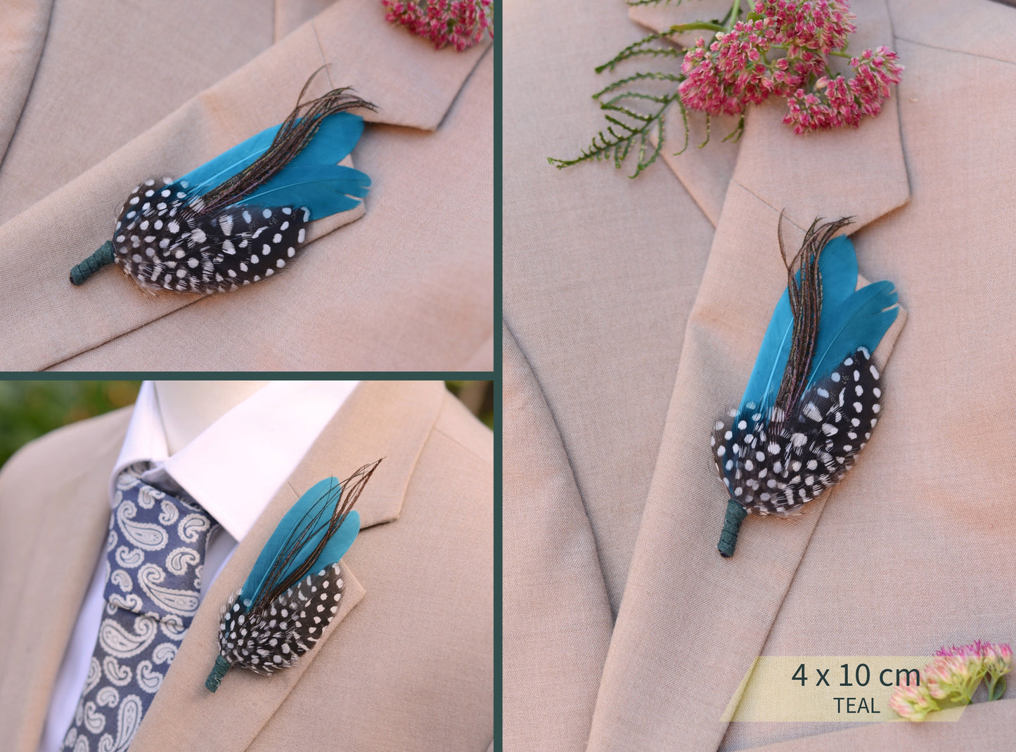 Spotted Feather Boutonniere in Burgundy, Navy Blue, Green or Teal