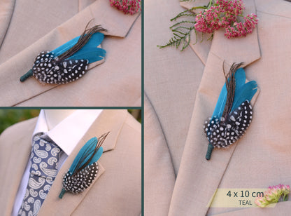 Spotted Feather Boutonniere in Burgundy, Navy Blue, Green or Teal