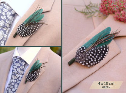 Spotted Feather Boutonniere in Burgundy, Navy Blue, Green or Teal