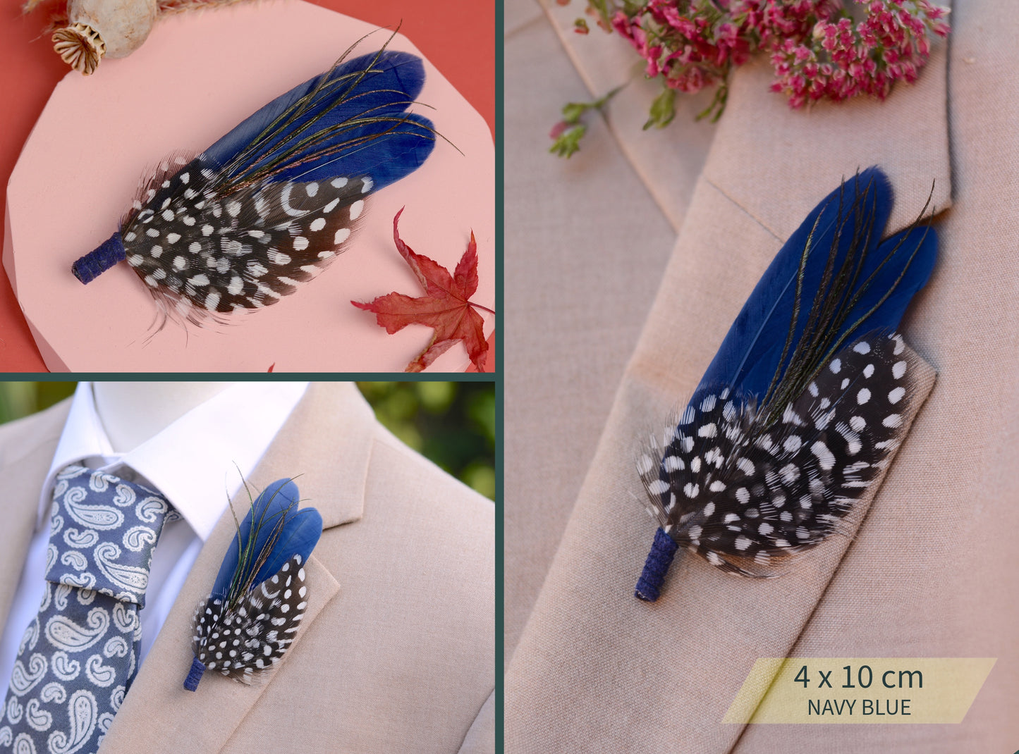 Spotted Feather Boutonniere in Burgundy, Navy Blue, Green or Teal
