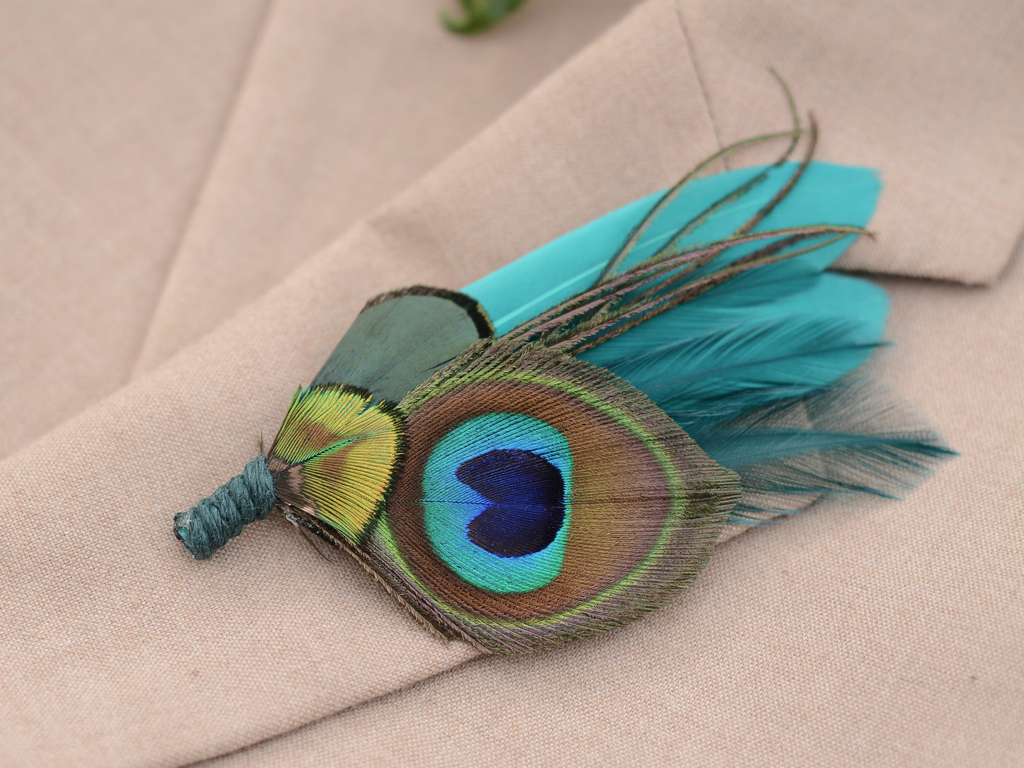 Teal Peacock Feather Boutonniere No.120