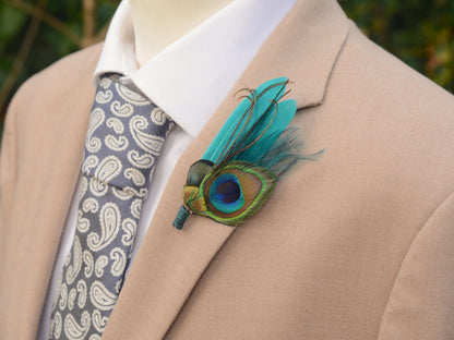 Teal Peacock Feather Boutonniere No.120