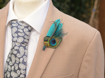 Teal Peacock Feather Boutonniere No.120
