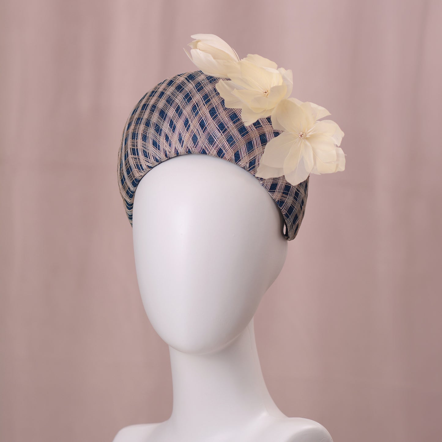 Navy Blue and Ivory Feather Magnolia Bandeau Fascinator
