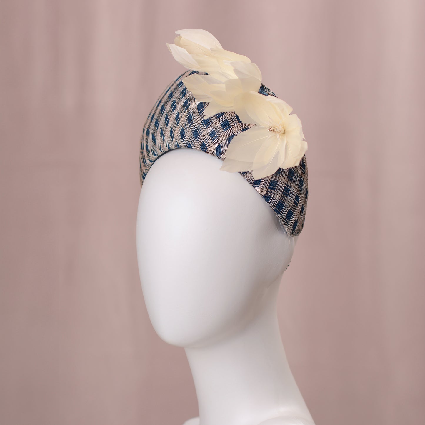 Navy Blue and Ivory Feather Magnolia Bandeau Fascinator