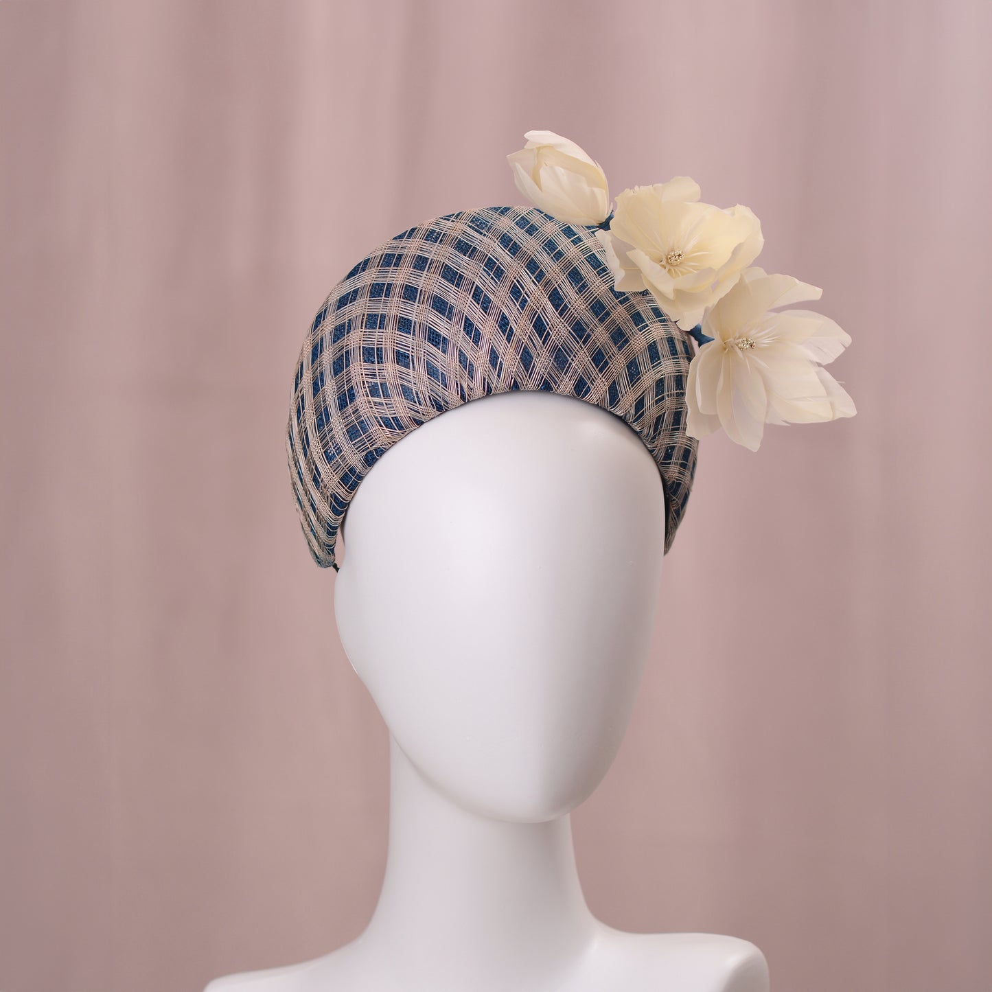 Navy Blue and Ivory Feather Magnolia Bandeau Fascinator