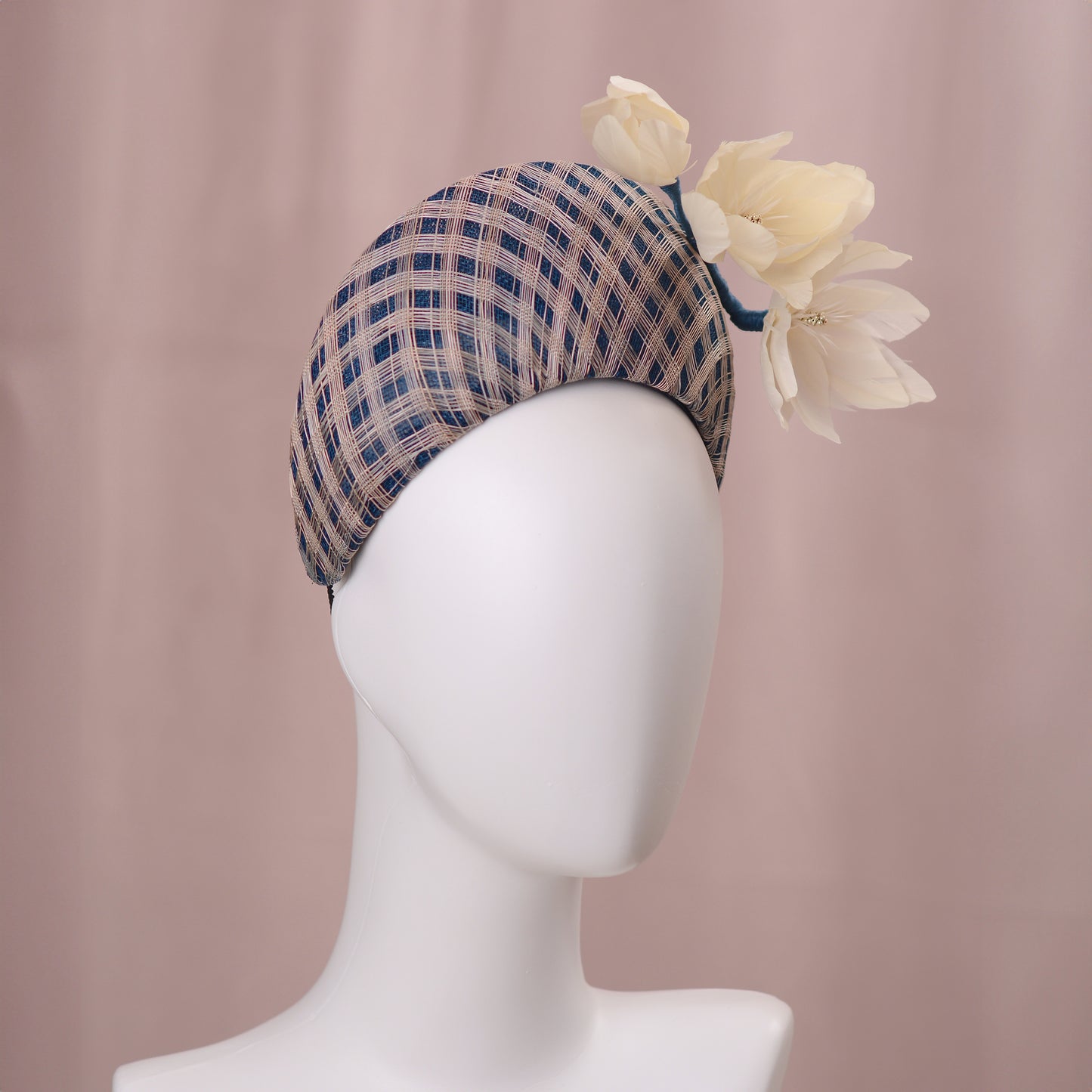Navy Blue and Ivory Feather Magnolia Bandeau Fascinator