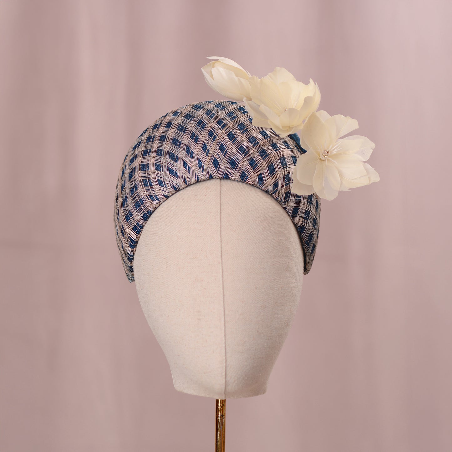 Navy Blue and Ivory Feather Magnolia Bandeau Fascinator