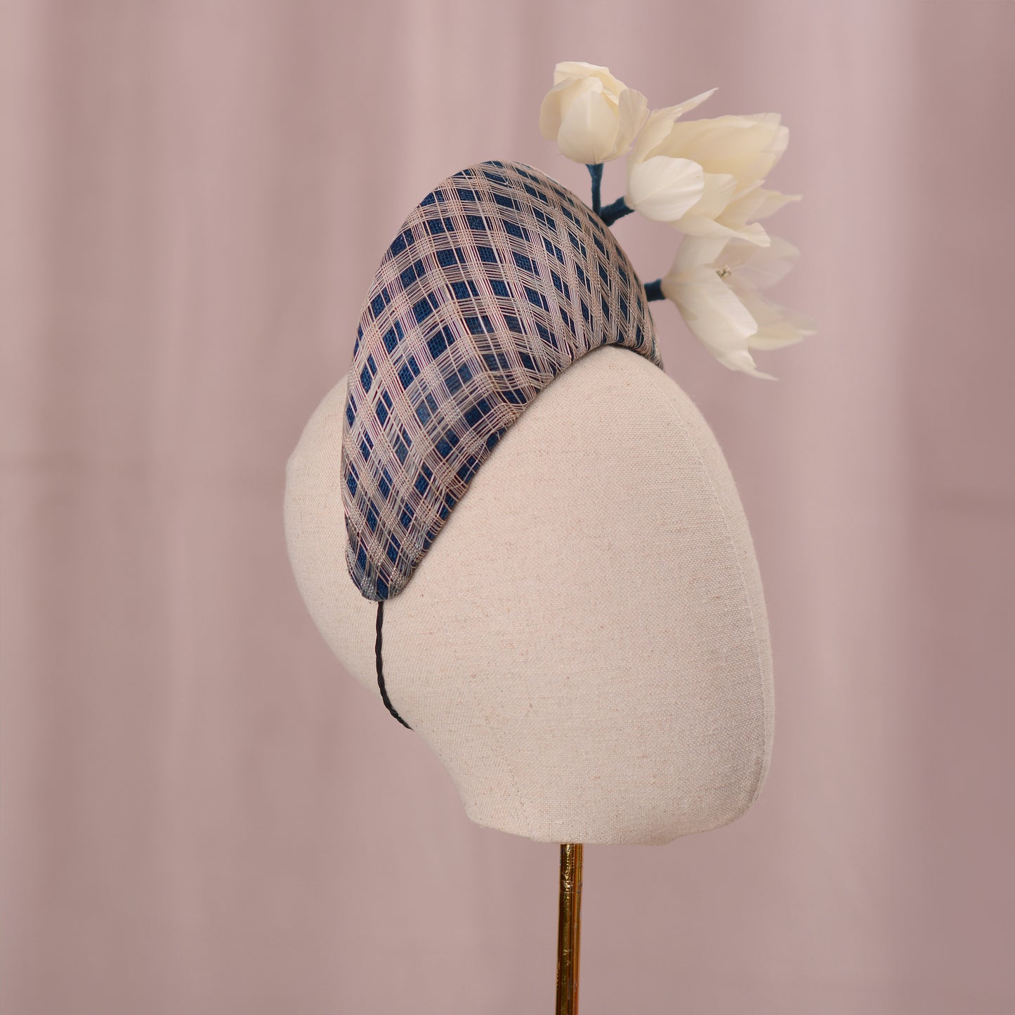 Navy Blue and Ivory Feather Magnolia Bandeau Fascinator