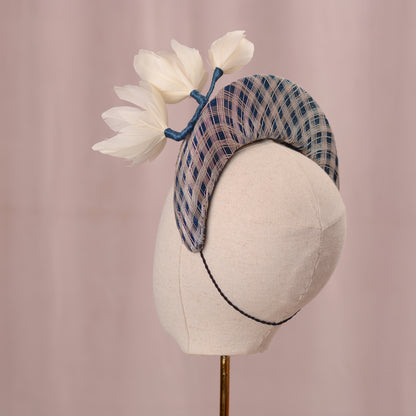 Navy Blue and Ivory Feather Magnolia Bandeau Fascinator