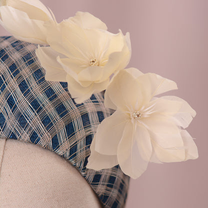 Navy Blue and Ivory Feather Magnolia Bandeau Fascinator