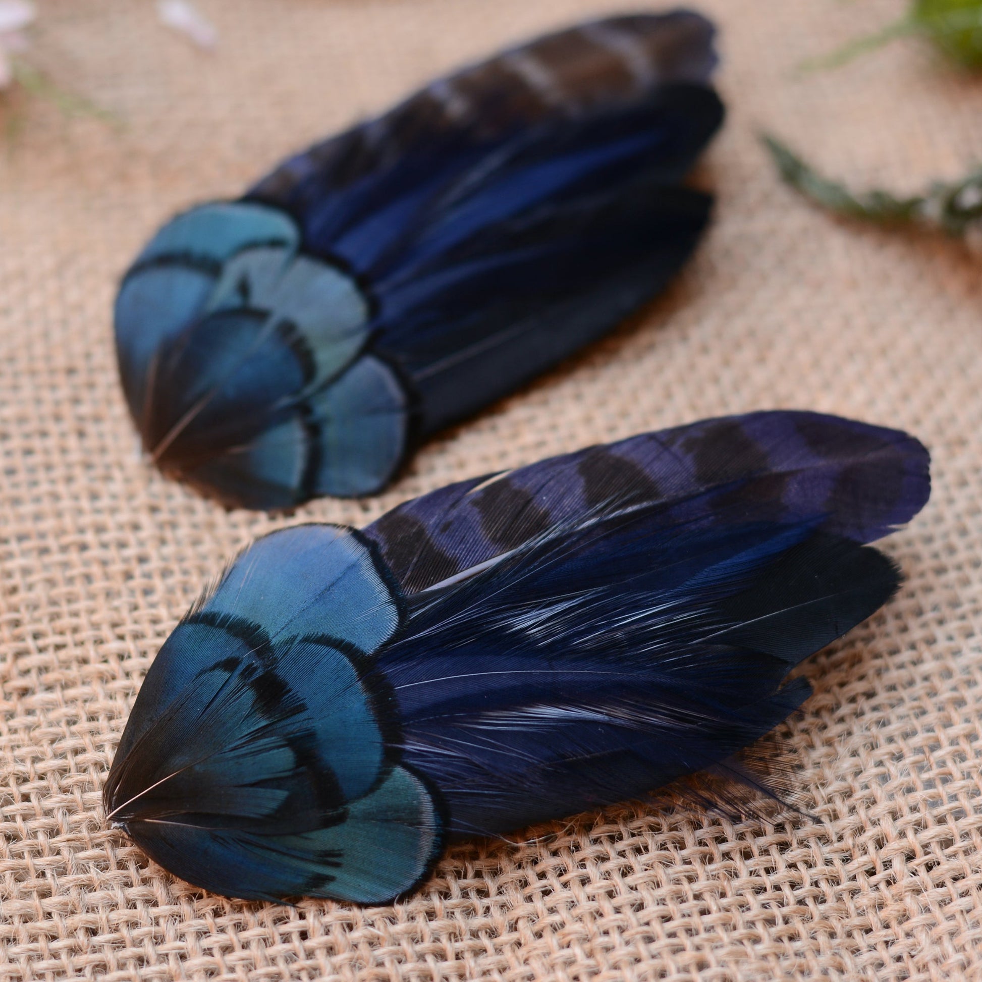 Close up of pair of hair clips crafted in a range of deep blue and black feathers showing different angles on a textured beige surface with flowers in the background