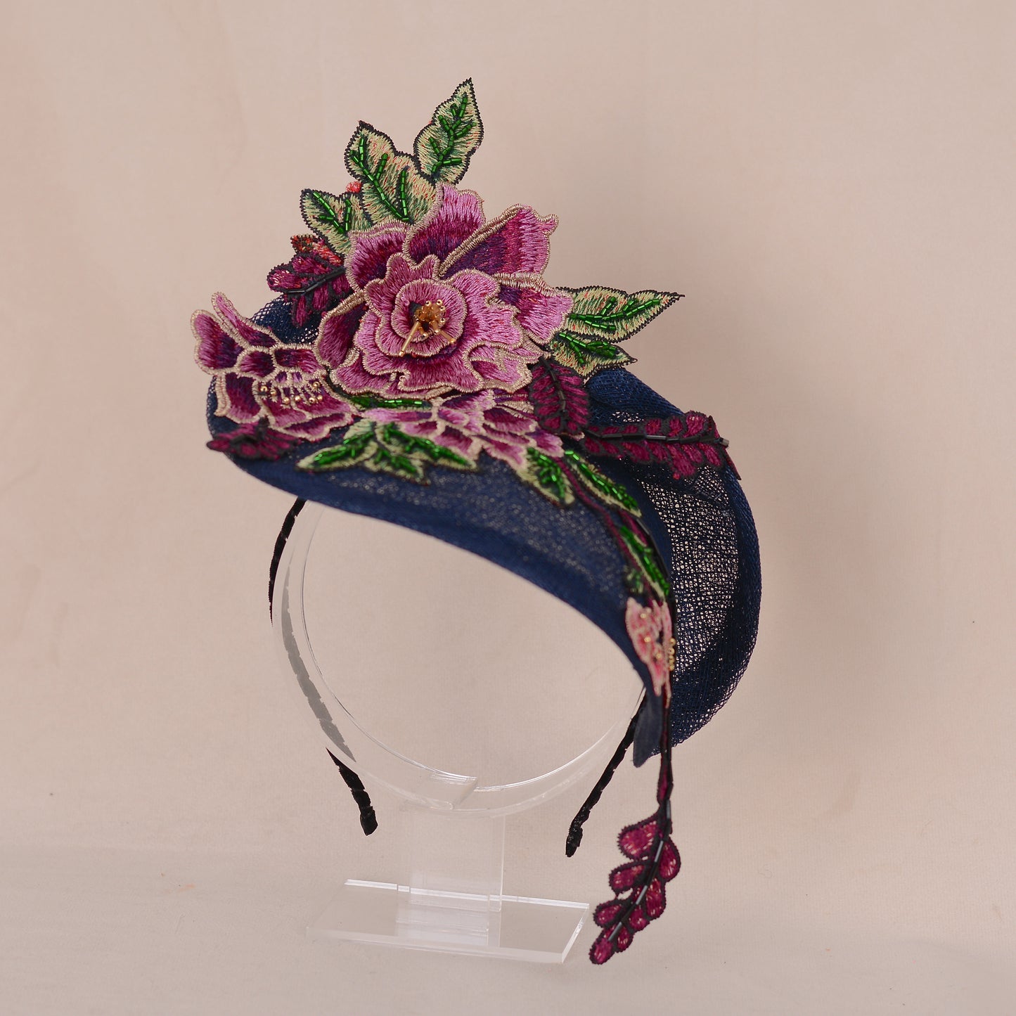 Navy Blue Floral Lace Beaded Saucer