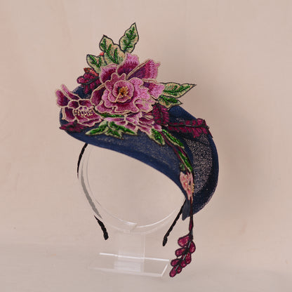 Navy Blue Floral Lace Beaded Saucer