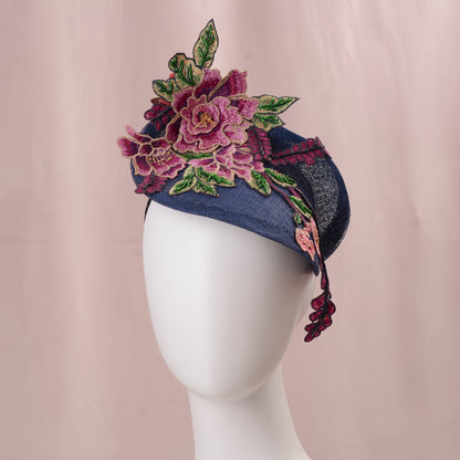 Navy Blue Floral Lace Beaded Saucer