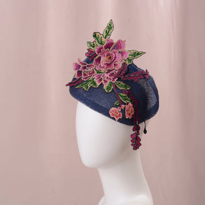 Navy Blue Floral Lace Beaded Saucer