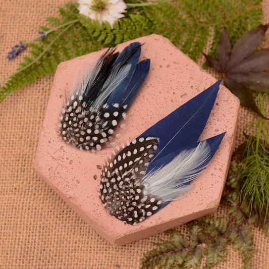 Navy blue feather hair clips with polka dot spotted guinea fowl feathers on a pink stone surrounded by greenery