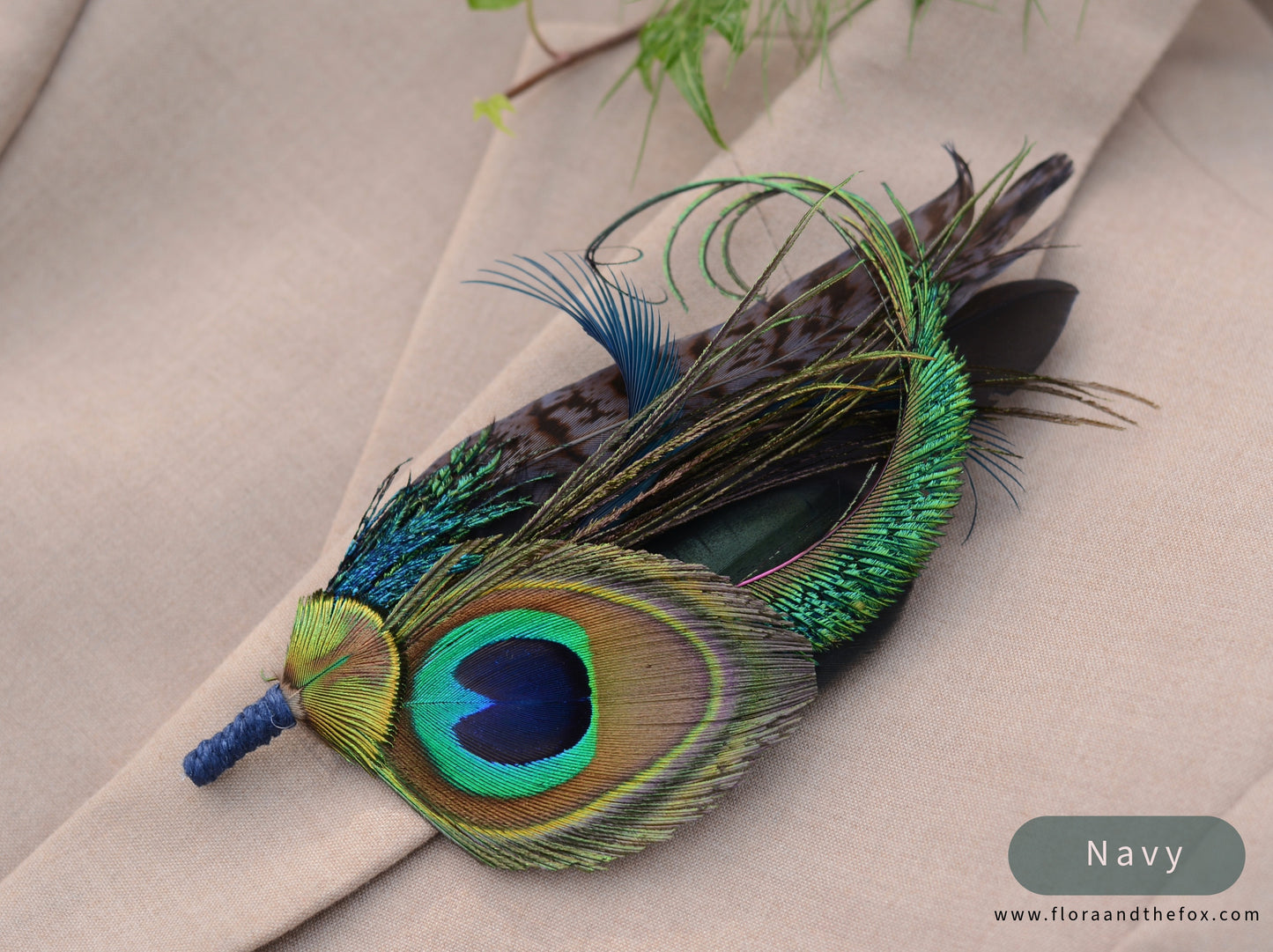 Large Peacock Feather Grooms Boutonniere / Hat Pin No.007 in Teal or Navy Blue