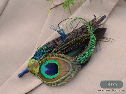 Large Peacock Feather Grooms Boutonniere / Hat Pin No.007 in Teal or Navy Blue