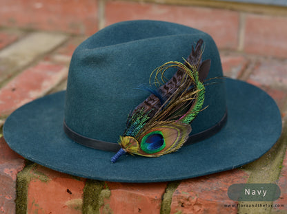 Large Peacock Feather Grooms Boutonniere / Hat Pin No.007 in Teal or Navy Blue