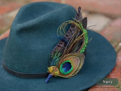 Large Peacock Feather Grooms Boutonniere / Hat Pin No.007 in Teal or Navy Blue