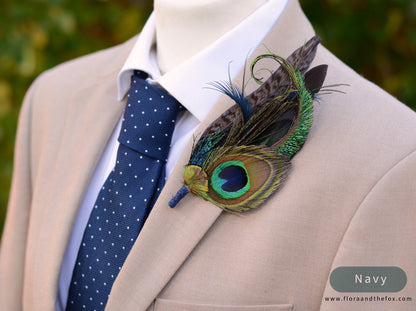 Large Peacock Feather Grooms Boutonniere / Hat Pin No.007 in Teal or Navy Blue